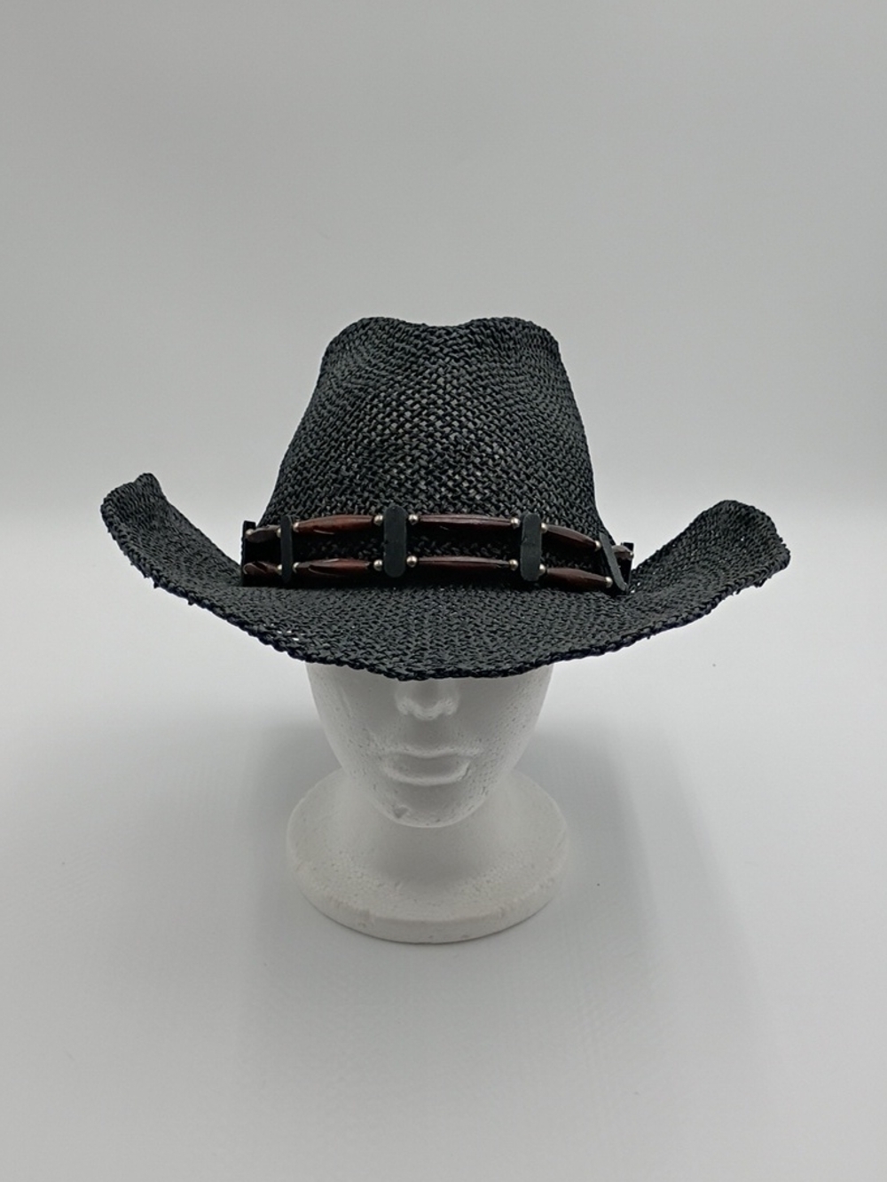 Peter Grimm Drifter Hat Black Straw Western Wood Bead OS Travel Festival Unisex